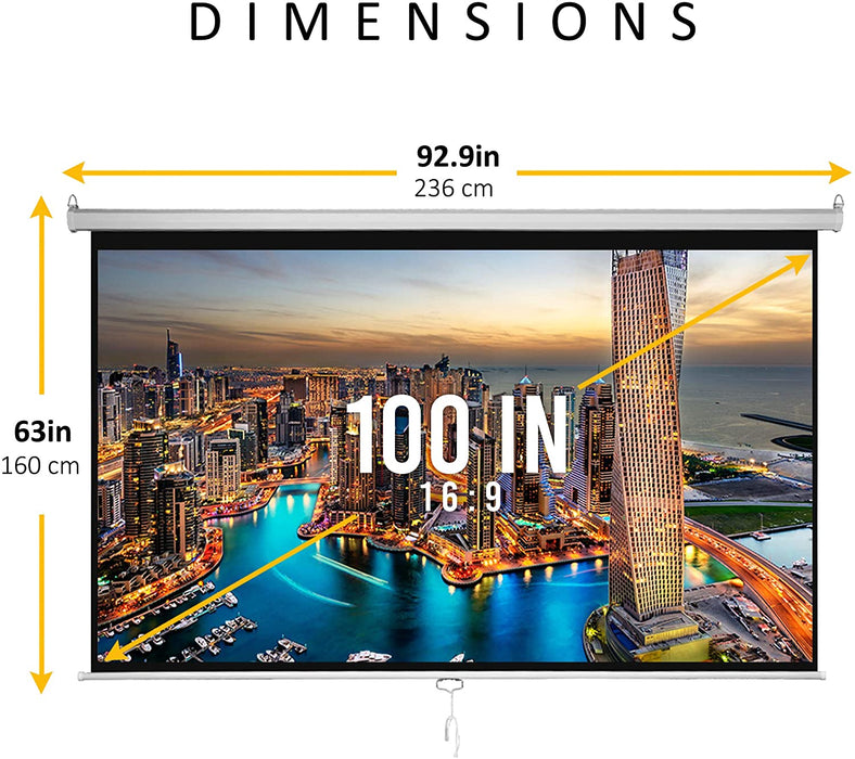 100 Inch Pull Down Projector Screen 16:9 HD Wide with auto Lock Mechanism - 93" x 63" - White