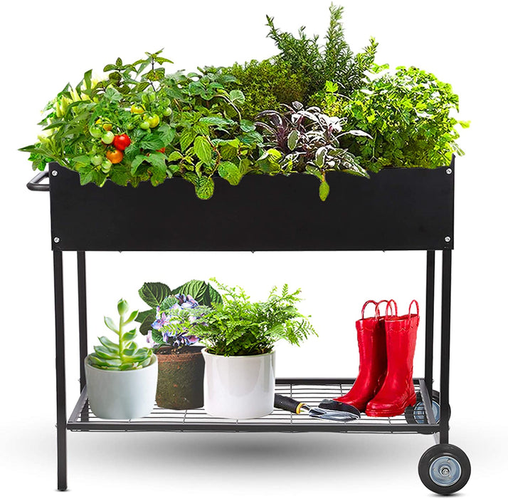 Mobile Galvanized Steel Planter with Lower Shelf
