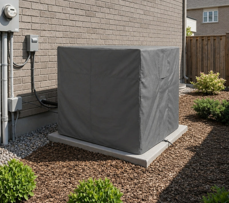 Grey - Khomo Gear outdoor air conditioner cover on a square AC unit beside a brick house