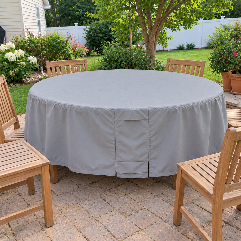 Khomo Gear round table cover in gray fitted over a patio dining table, front view