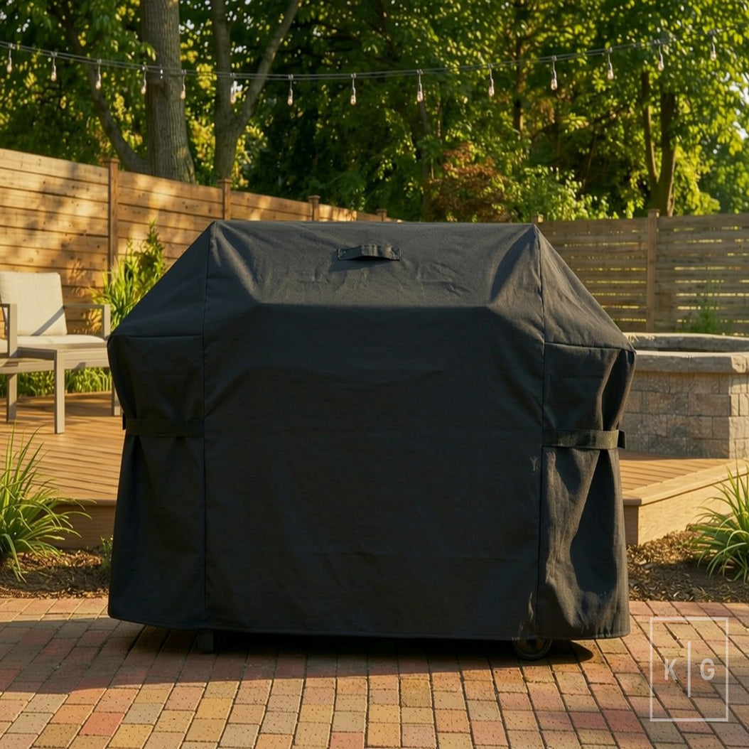 Khomo Gear BBQ grill cover in Black - front patio