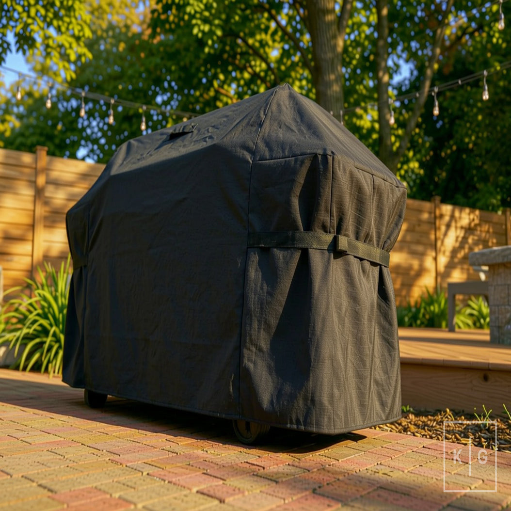 Khomo Gear BBQ grill cover in Black - three quarter low angle