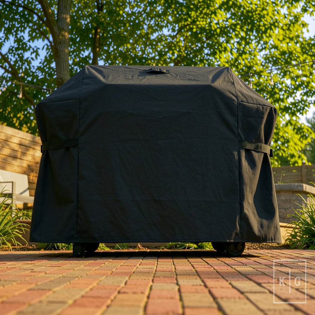 Khomo Gear BBQ grill cover in Black - front low angle