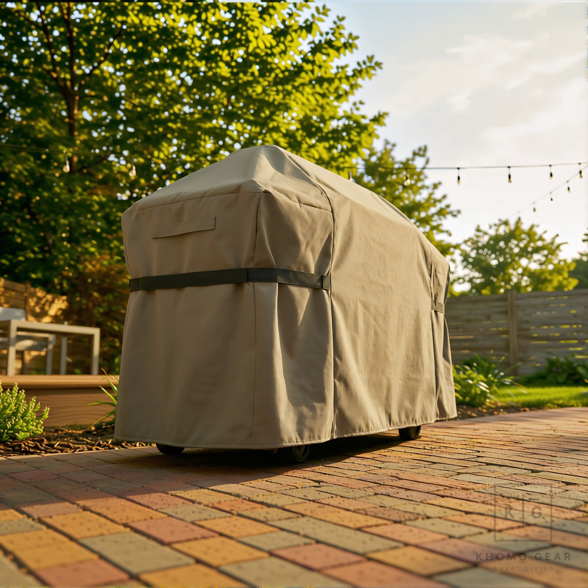 Khomo Gear BBQ grill cover in Brown - side low angle