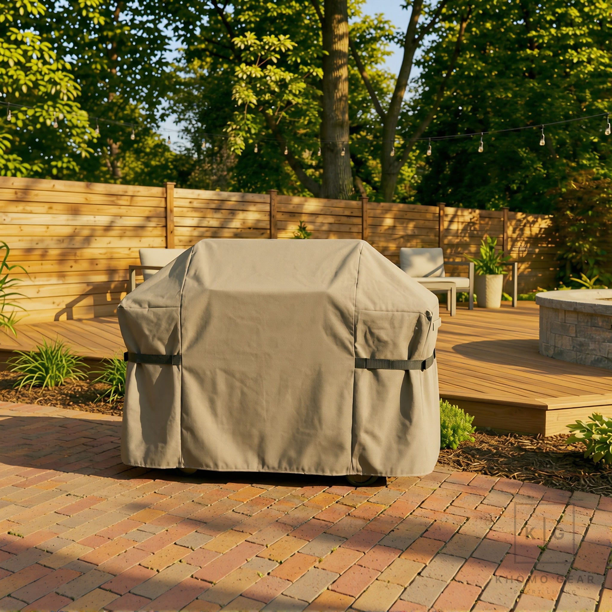 Khomo Gear BBQ grill cover in Brown - front patio