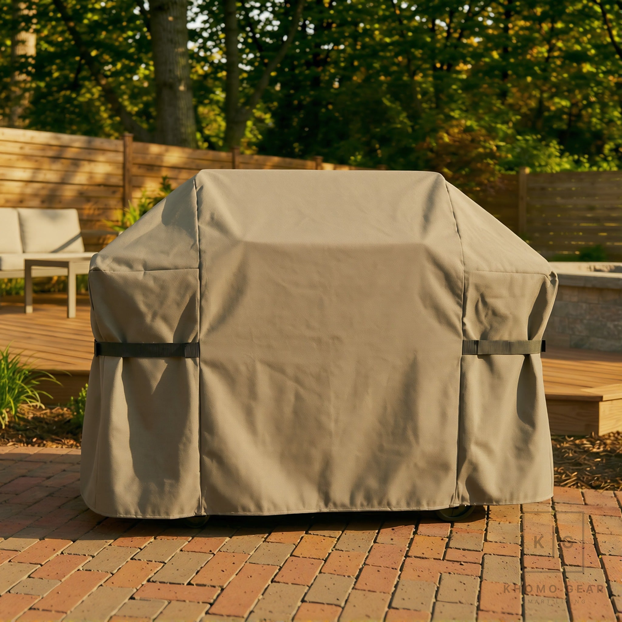 Khomo Gear BBQ grill cover in Brown - front close-up