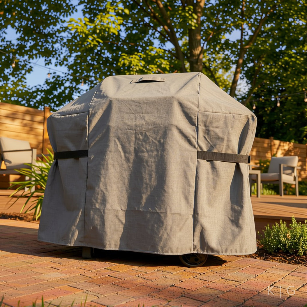 Khomo Gear BBQ grill cover in Gray - front low angle