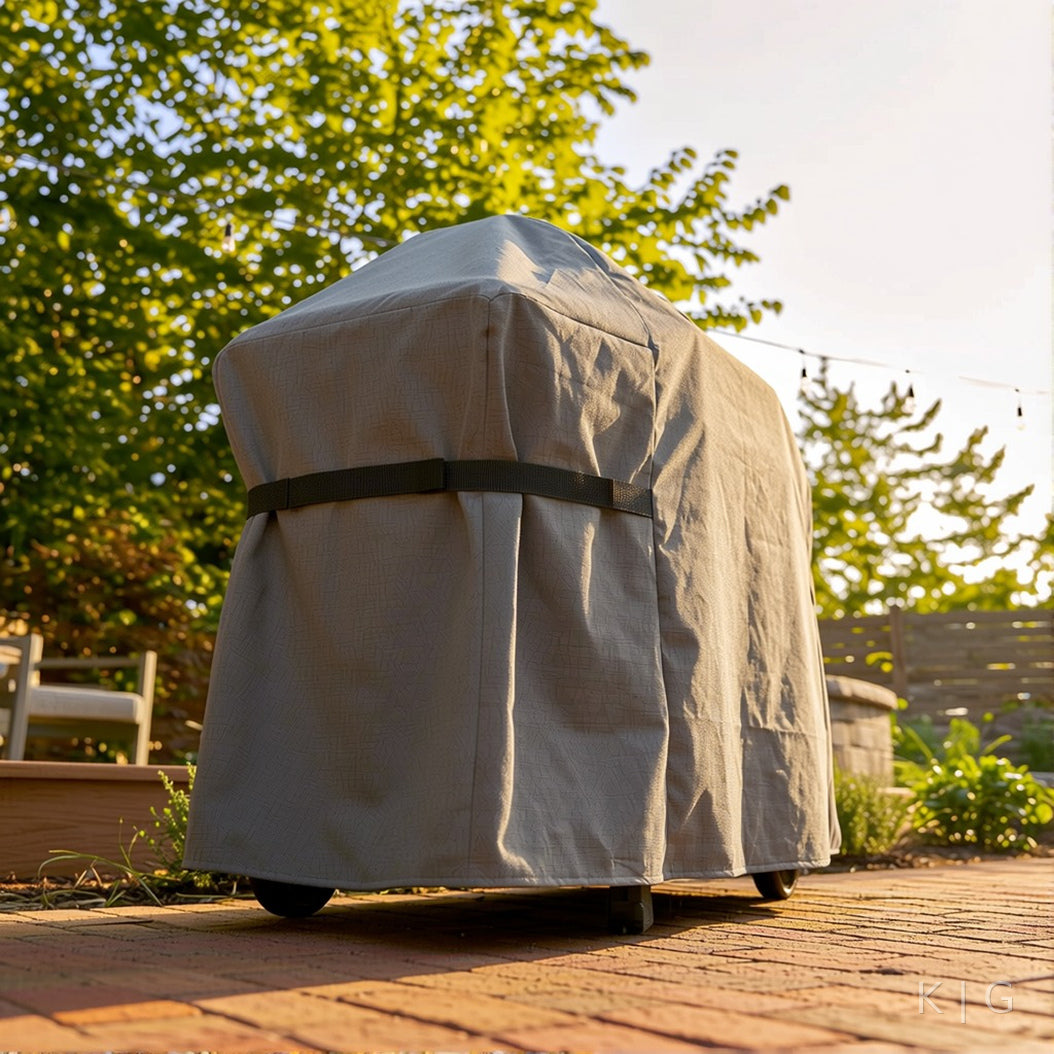 Khomo Gear BBQ grill cover in Gray - side low angle
