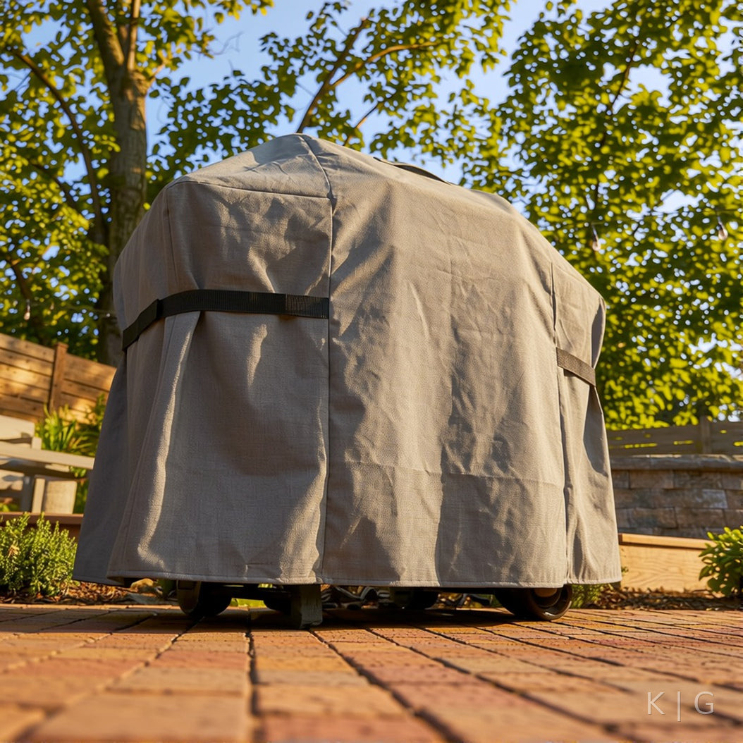 Khomo Gear BBQ grill cover in Gray - back low angle