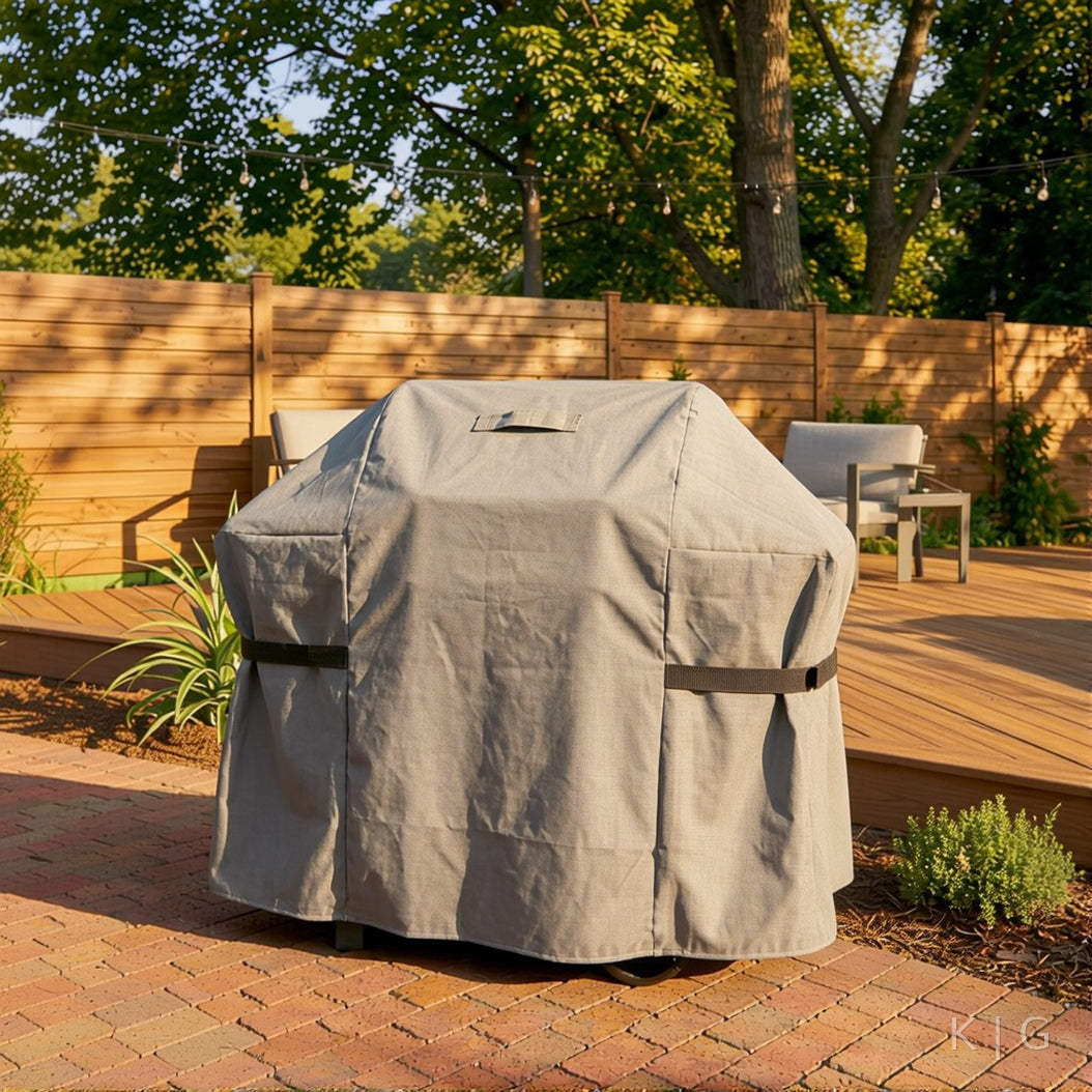 Khomo Gear BBQ grill cover in Gray - front patio