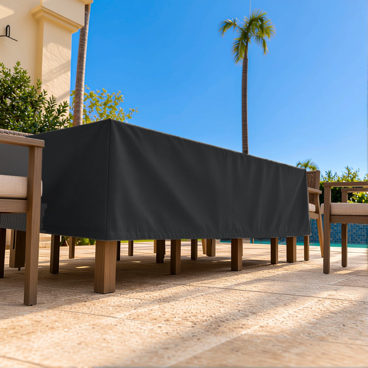 Khomo Gear Dining Table cover in Black - low angle | Fits 60L x 33D x 25H, 70L x 34D x 25H