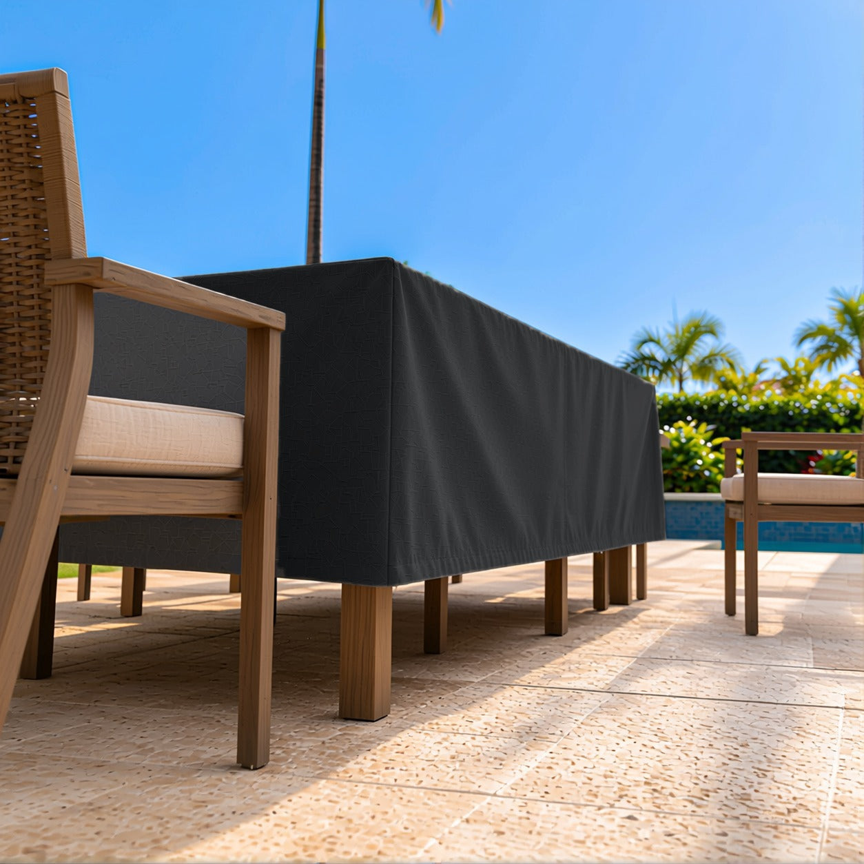 Khomo Gear Dining Table cover in Black - side angle | Fits 60L x 33D x 25H, 70L x 34D x 25H
