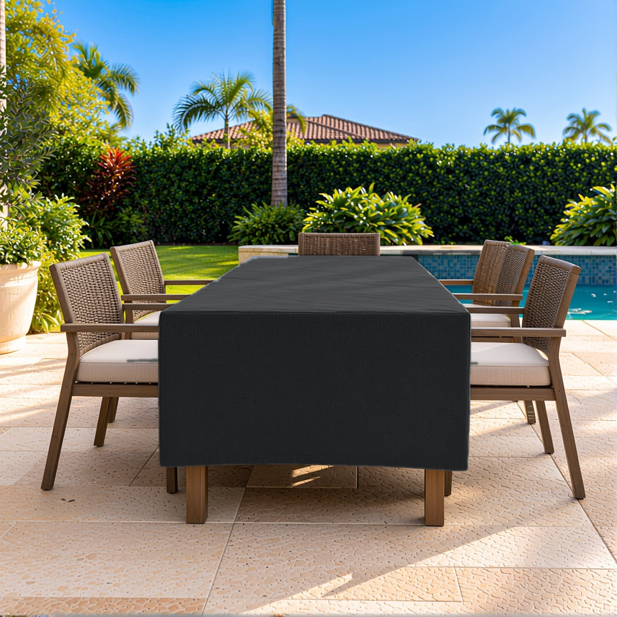 Khomo Gear Dining Table cover in Black - end view straight | Fits 60L x 33D x 25H, 70L x 34D x 25H