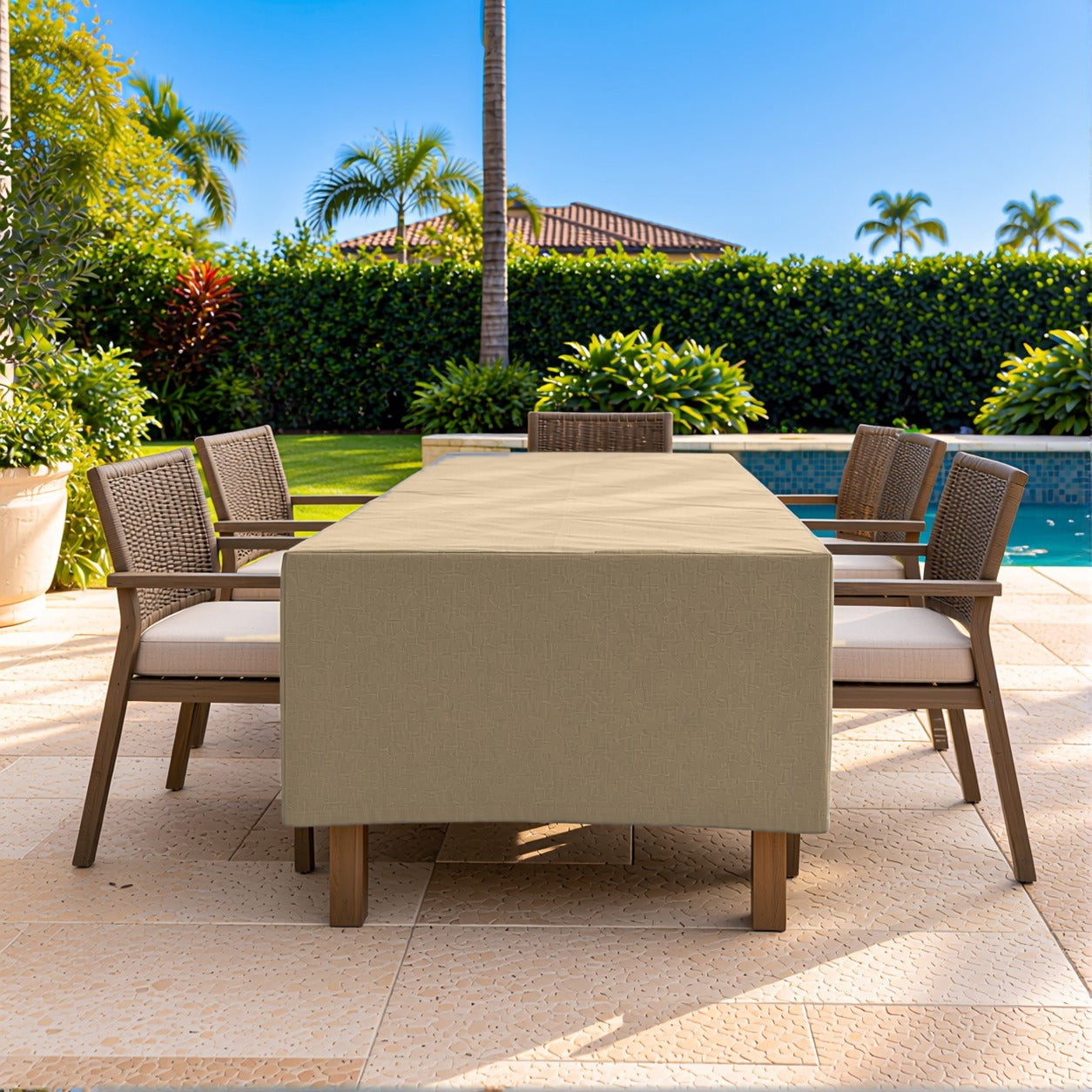 Khomo Gear Dining Table cover in Brown - end view straight | Fits 60L x 33D x 25H, 70L x 34D x 25H