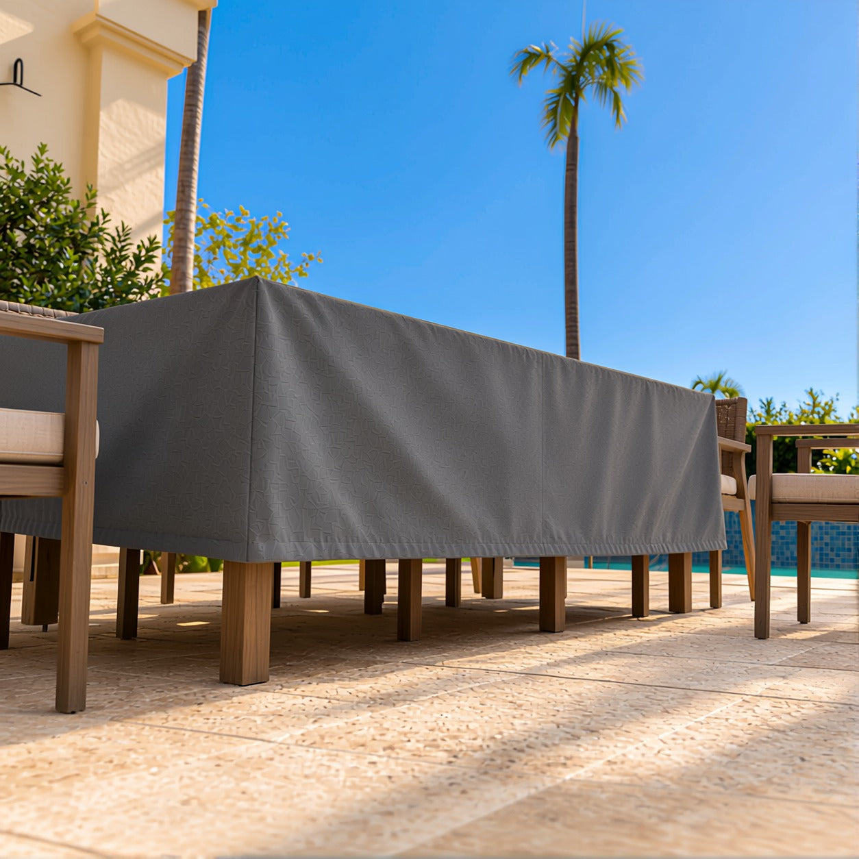 Khomo Gear Dining Table cover in Gray - low angle | Fits 60L x 33D x 25H, 70L x 34D x 25H