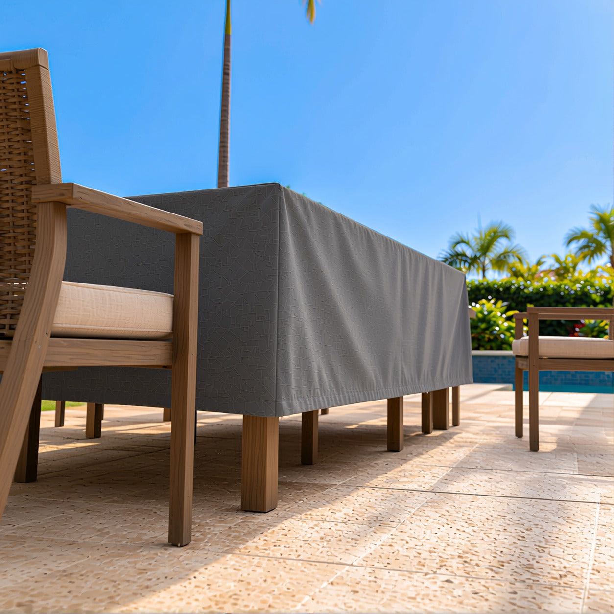 Khomo Gear Dining Table cover in Gray - side angle | Fits 60L x 33D x 25H, 70L x 34D x 25H