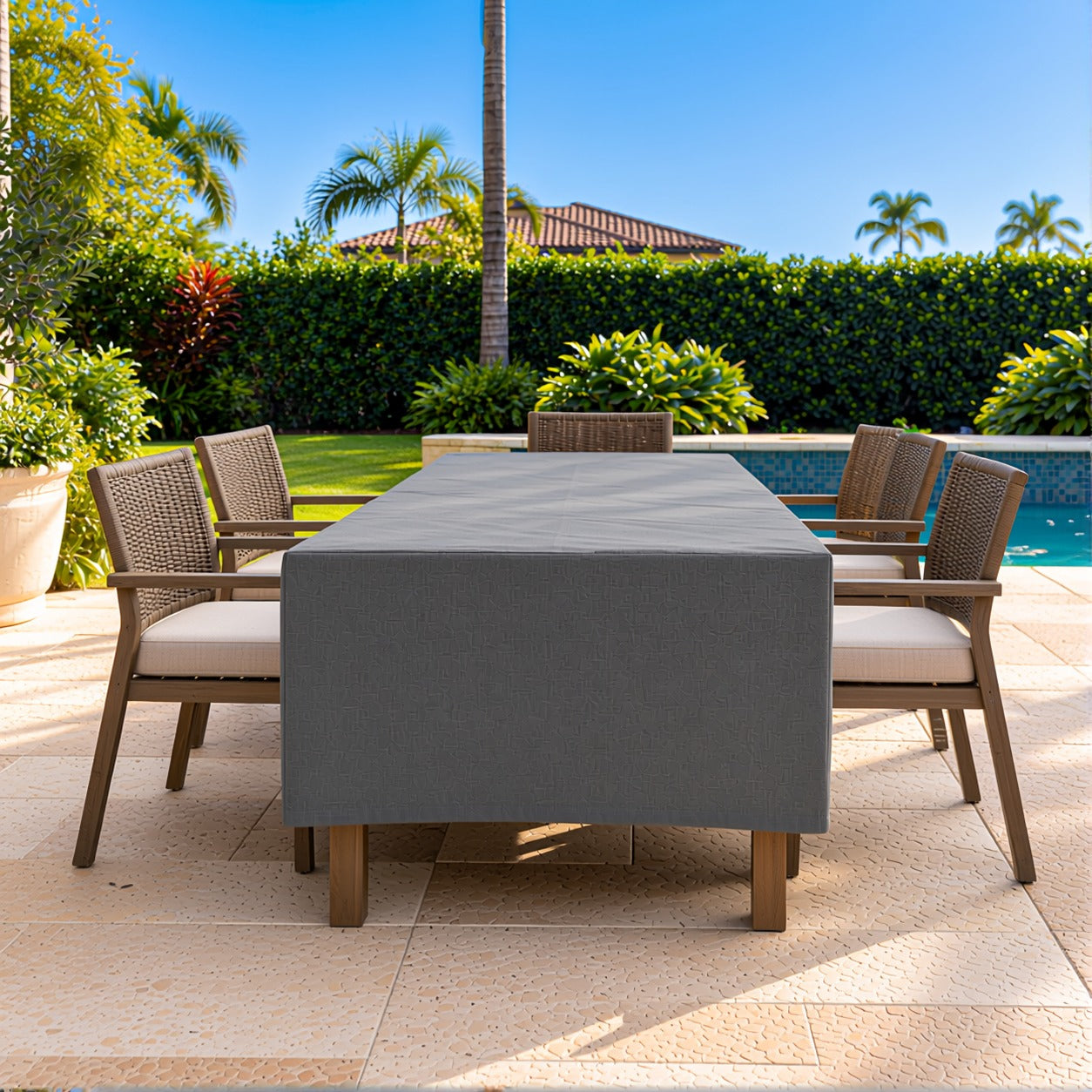 Khomo Gear Dining Table cover in Gray - end view straight | Fits 60L x 33D x 25H, 70L x 34D x 25H