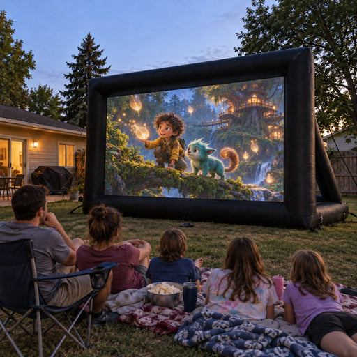 Family watching an animated movie on the KHOMO GEAR 20 ft inflatable movie screen at dusk