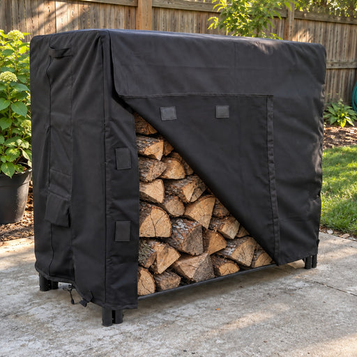 Black 4 Feet - Khomo Gear log rack outdoor cover, front flap open showing stacked firewood
