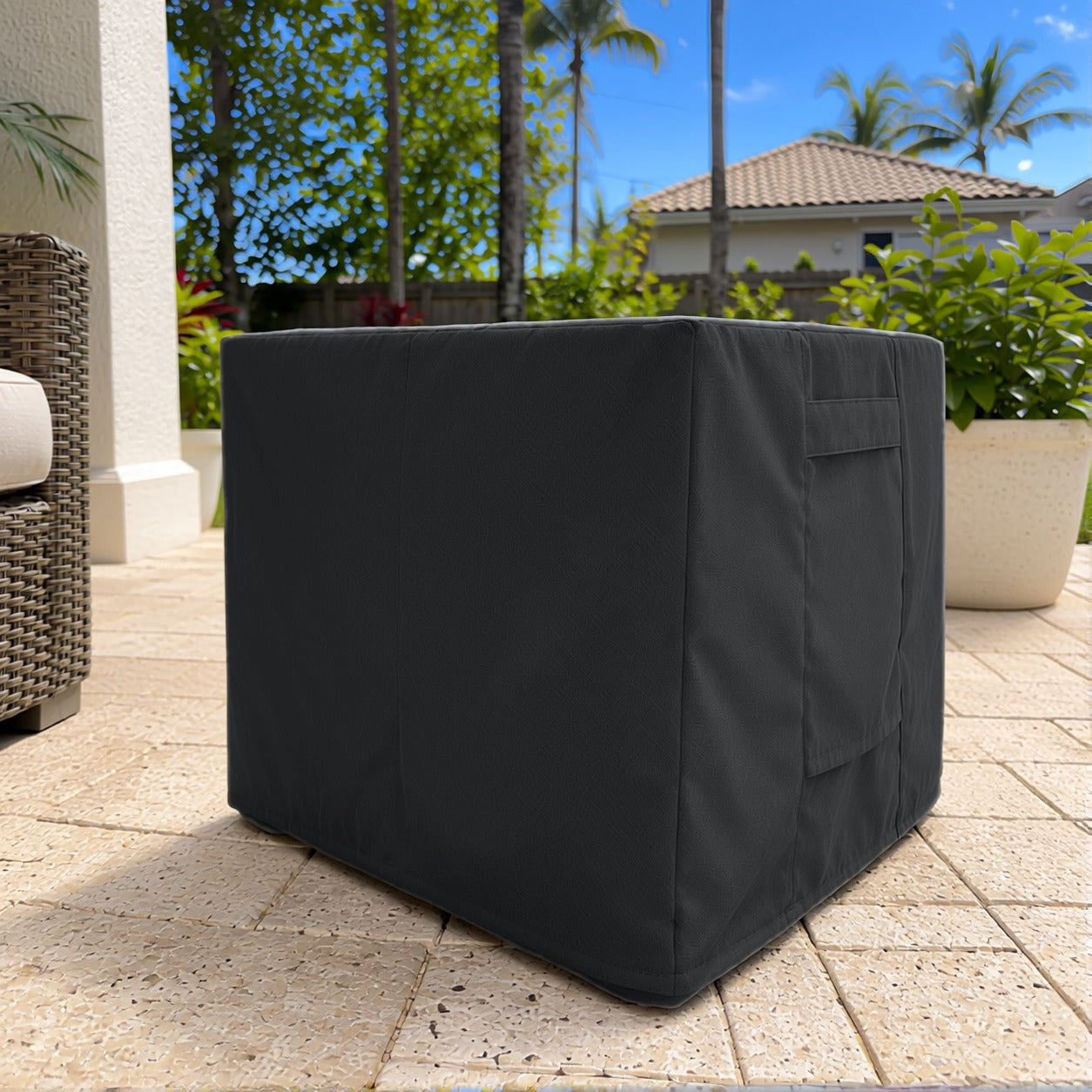 Khomo Gear Ottoman cover in Black - low angle | Fits 16L x 16D x 15H, 21L x 21D x 17H