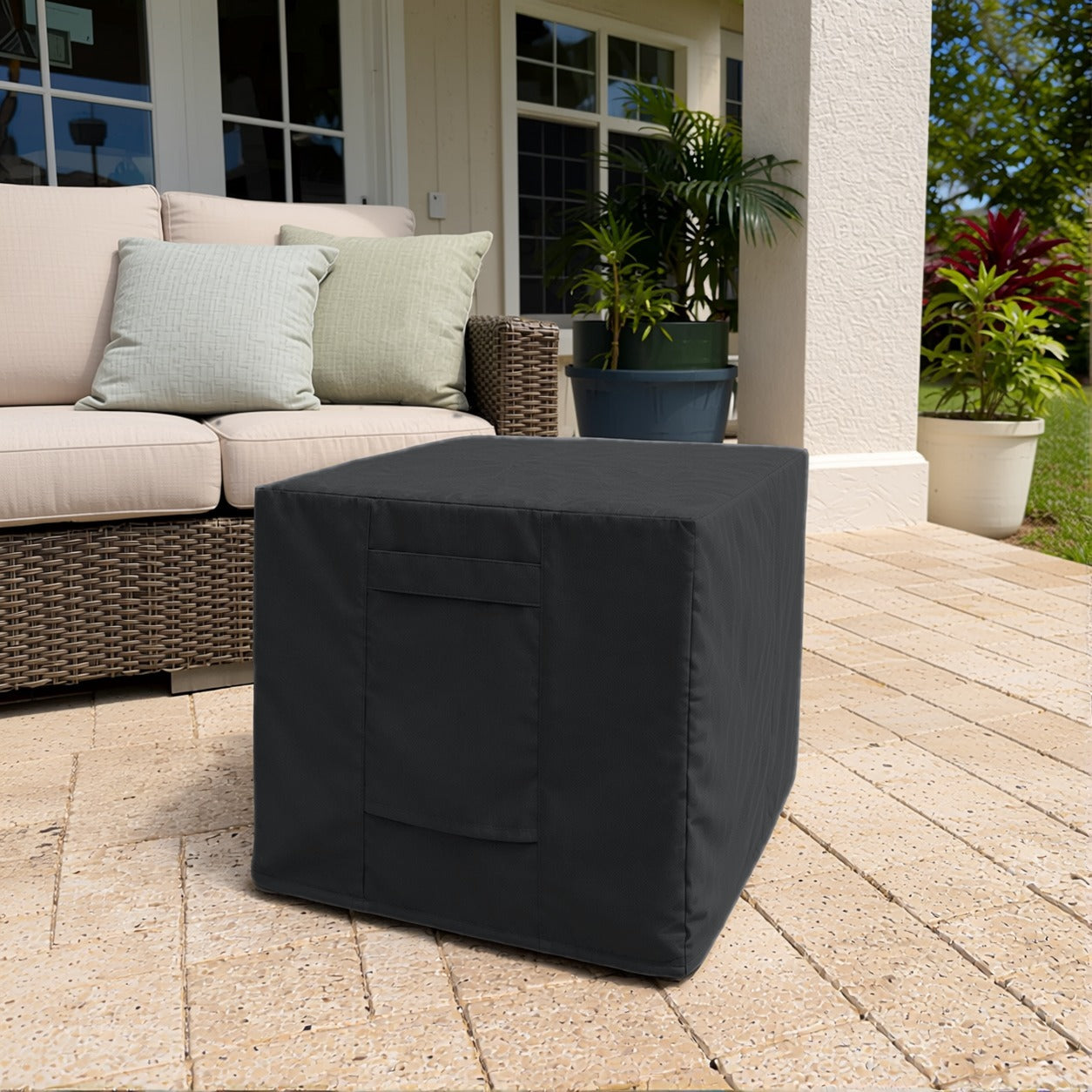 Khomo Gear Ottoman cover in Black - patio view | Fits 16L x 16D x 15H, 21L x 21D x 17H