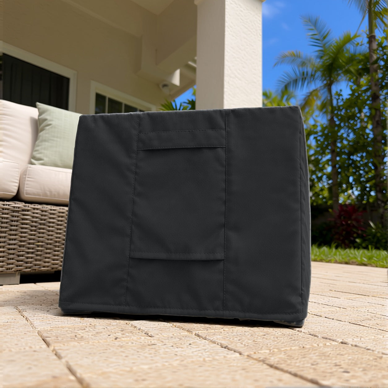 Khomo Gear Ottoman cover in Black - front low angle | Fits 16L x 16D x 15H, 21L x 21D x 17H