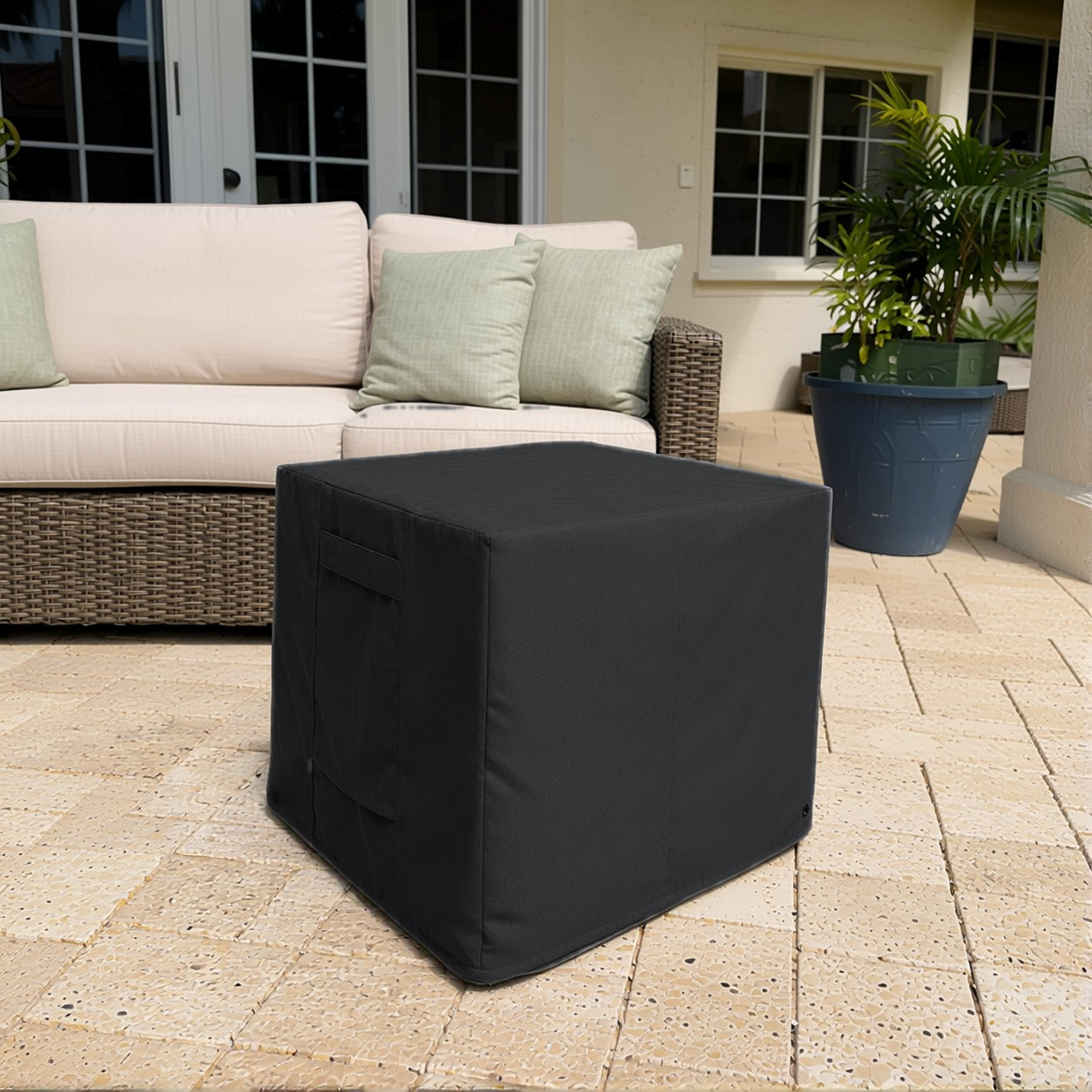 Khomo Gear Ottoman cover in Black - patio side | Fits 16L x 16D x 15H, 21L x 21D x 17H