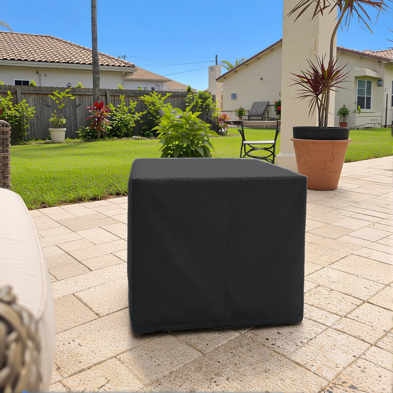 Khomo Gear Ottoman cover in Black - garden view | Fits 16L x 16D x 15H, 21L x 21D x 17H