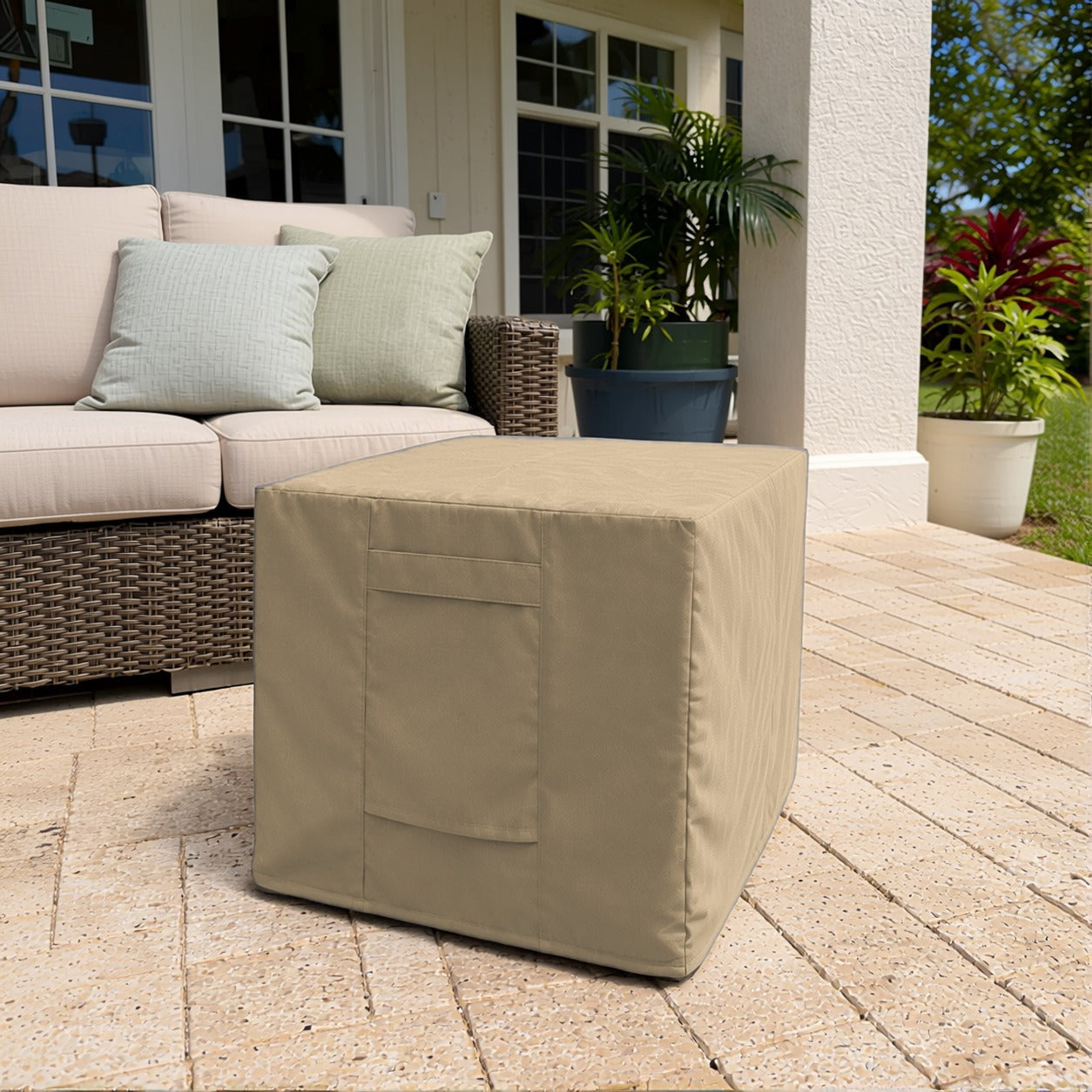 Khomo Gear Ottoman cover in Brown - patio view | Fits 16L x 16D x 15H, 21L x 21D x 17H