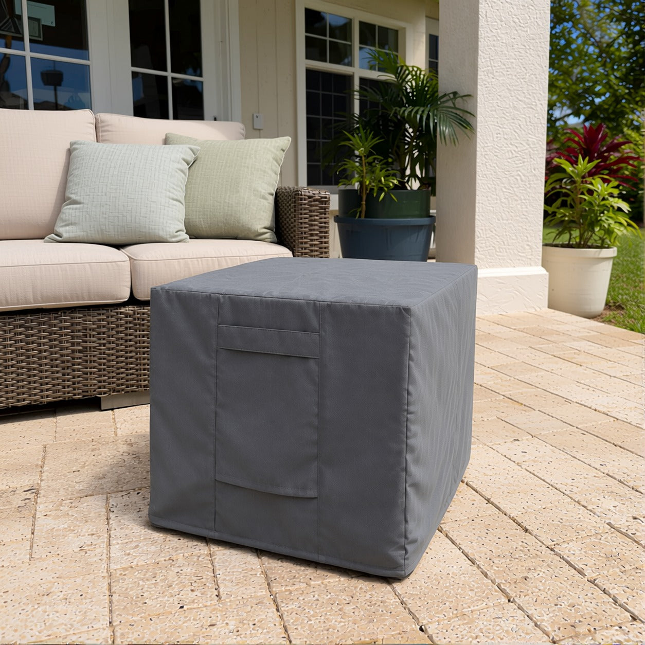 Khomo Gear Ottoman cover in Gray - patio view | Fits 16L x 16D x 15H, 21L x 21D x 17H