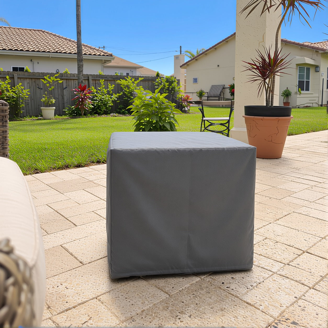 Khomo Gear Ottoman cover in Gray - garden view | Fits 16L x 16D x 15H, 21L x 21D x 17H