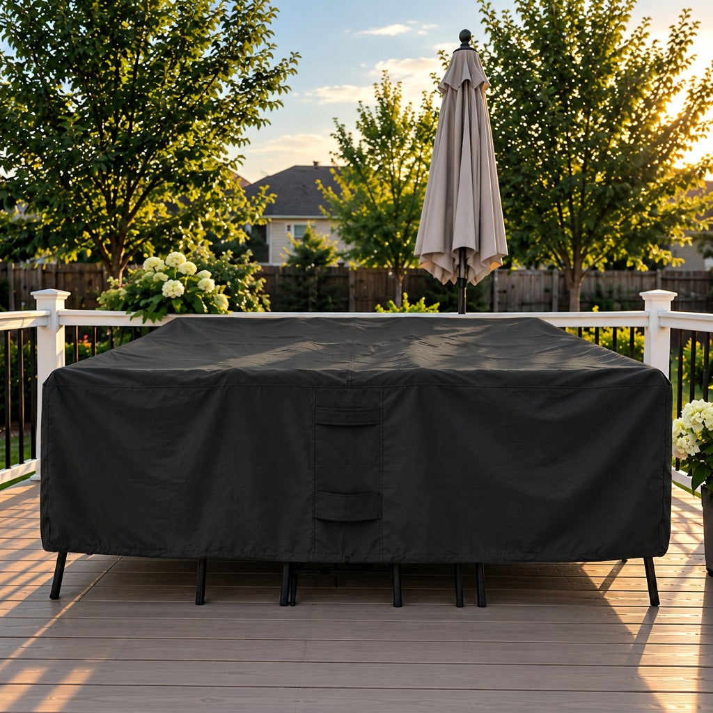 A black outdoor patio cover on a rectangular table, shown on a wooden deck with trees, a closed patio umbrella, and a house in the background at sunset.