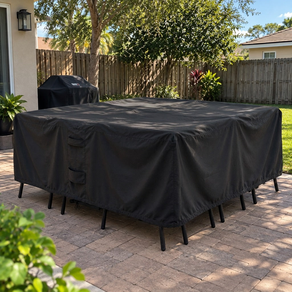 A black outdoor patio table cover is shown on a rectangular patio table in a backyard setting with a wooden fence, trees, and a paver stone floor.