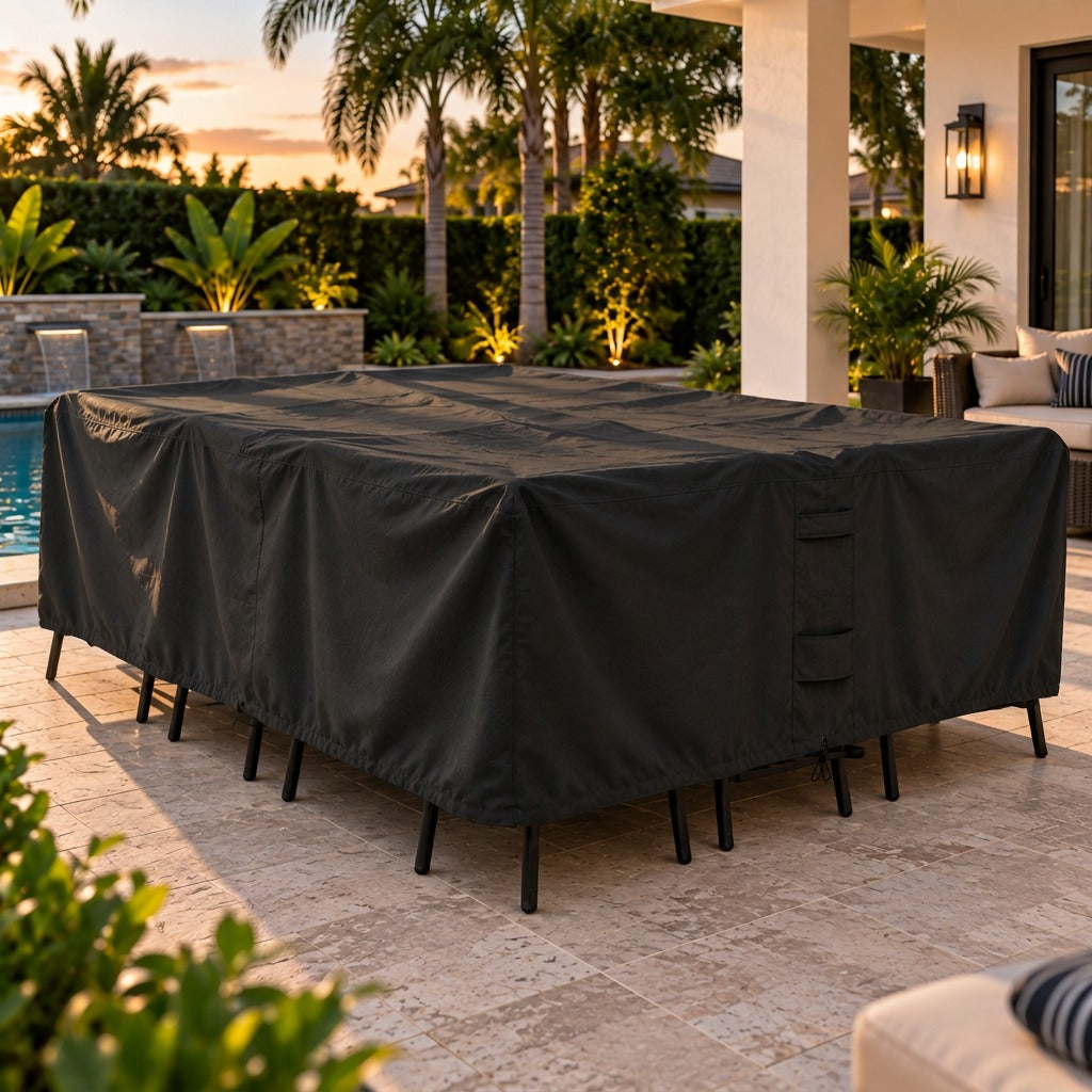 A large black outdoor patio cover with a built-in ladder, shown draped over a rectangular table on a tiled patio at sunset. The background features a swimming pool, palm trees, and a modern house patio setting.
