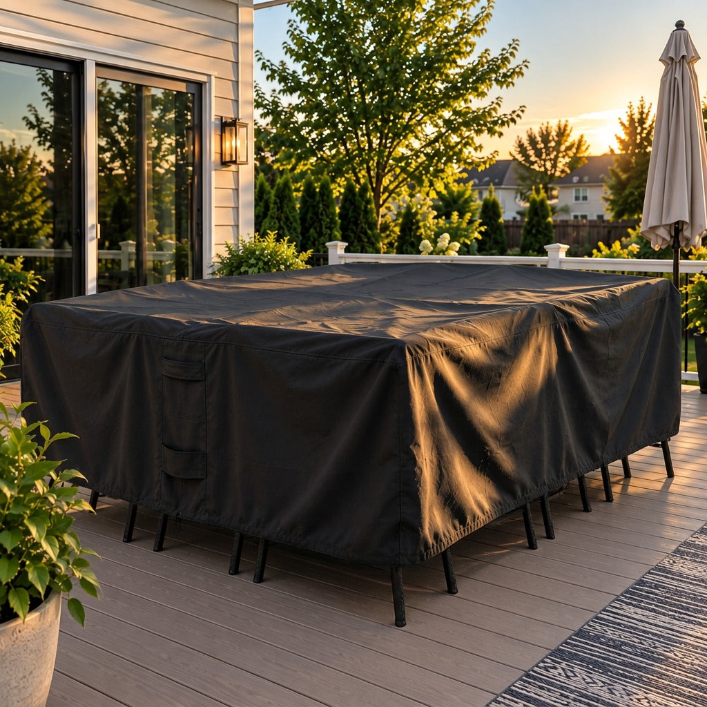 A black outdoor patio cover over a rectangular table on a wooden deck, with a house, trees, and sunset in the background.