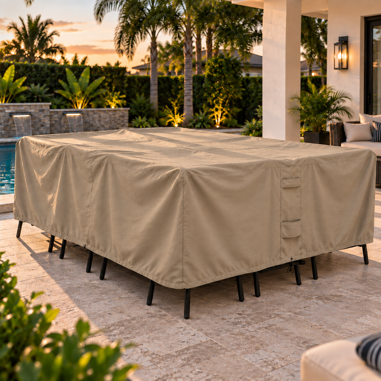 A large rectangular outdoor patio cover in a warm brown tan color, shown draped over a dining or lounge table on a tiled poolside patio at sunset with palm trees and a house in the background.