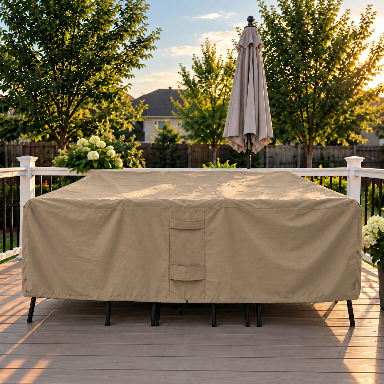 A brown outdoor patio cover with a built-in ladder is shown draped over a rectangular patio table on a wooden deck. A closed patio umbrella stands behind the table, with trees, a fence, and a house visible in the background during sunset.