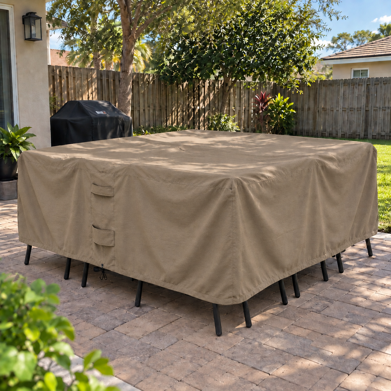 A large outdoor dining table covered with a brown patio table cover sits on a stone patio in a backyard with a wooden fence, trees, and a grill in the background.
