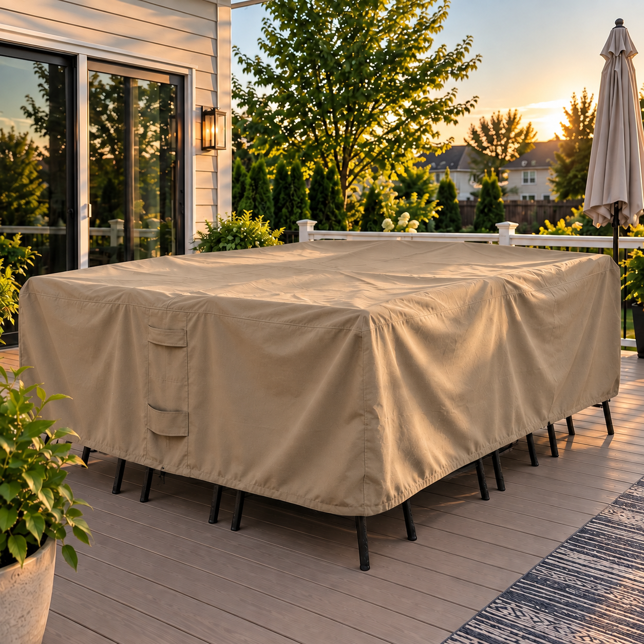 A brown outdoor patio cover on a rectangular dining table on a wooden deck at sunset, with a house, trees, and patio umbrella in the background.