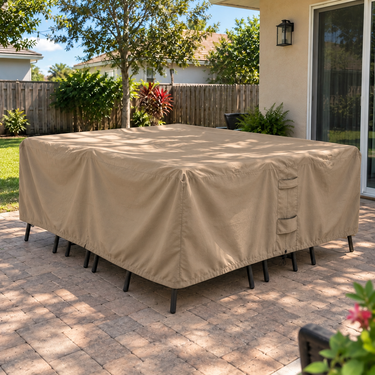 A large brown outdoor patio cover with a zipper and side pockets, shown draped over a rectangular patio table on a paved backyard patio.