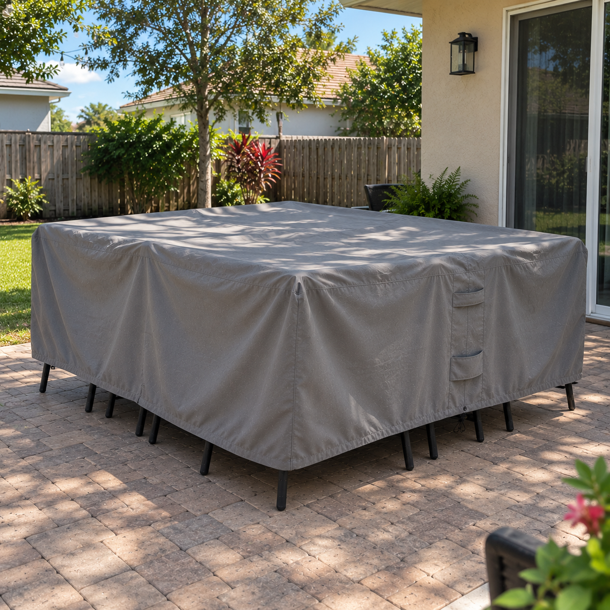 A large rectangular patio cover in a light gray color is shown outdoors on a paved backyard patio, draped over a black-framed table. The setting includes a house exterior, a wooden fence, green trees, and grass.