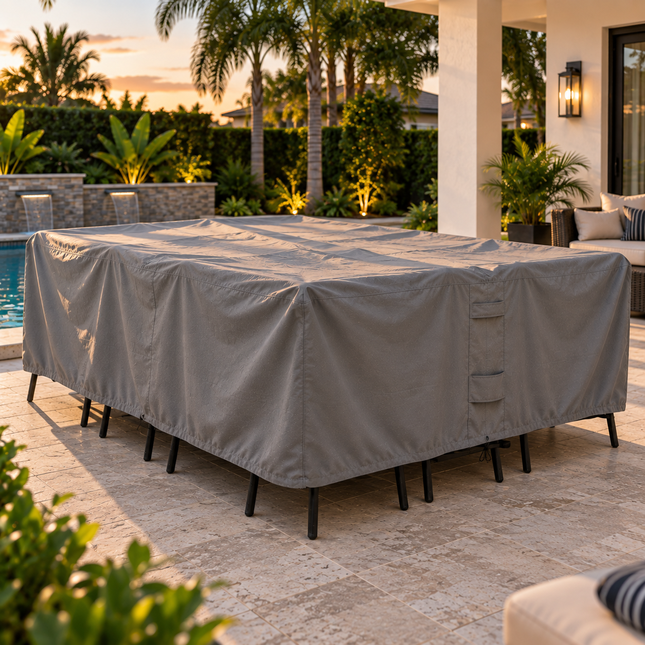 A large gray outdoor patio cover with a built-in ladder, shown draped over a rectangular table on a stone patio next to a pool at sunset.