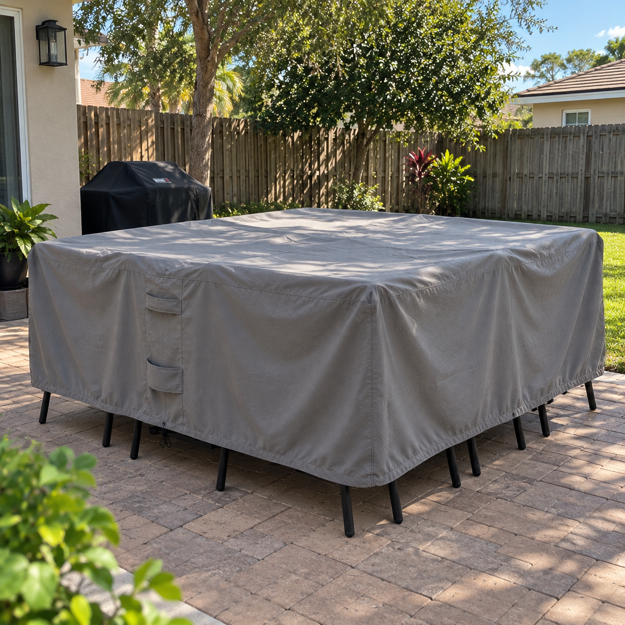 A large rectangular outdoor dining table covered with a gray protective cover, set on a paved patio in a backyard with a wooden fence, trees, and a grill in the background.