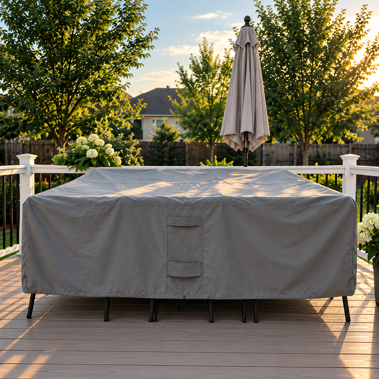 A gray outdoor patio cover with a matching closed patio umbrella on a wooden deck, surrounded by trees and a house in the background.