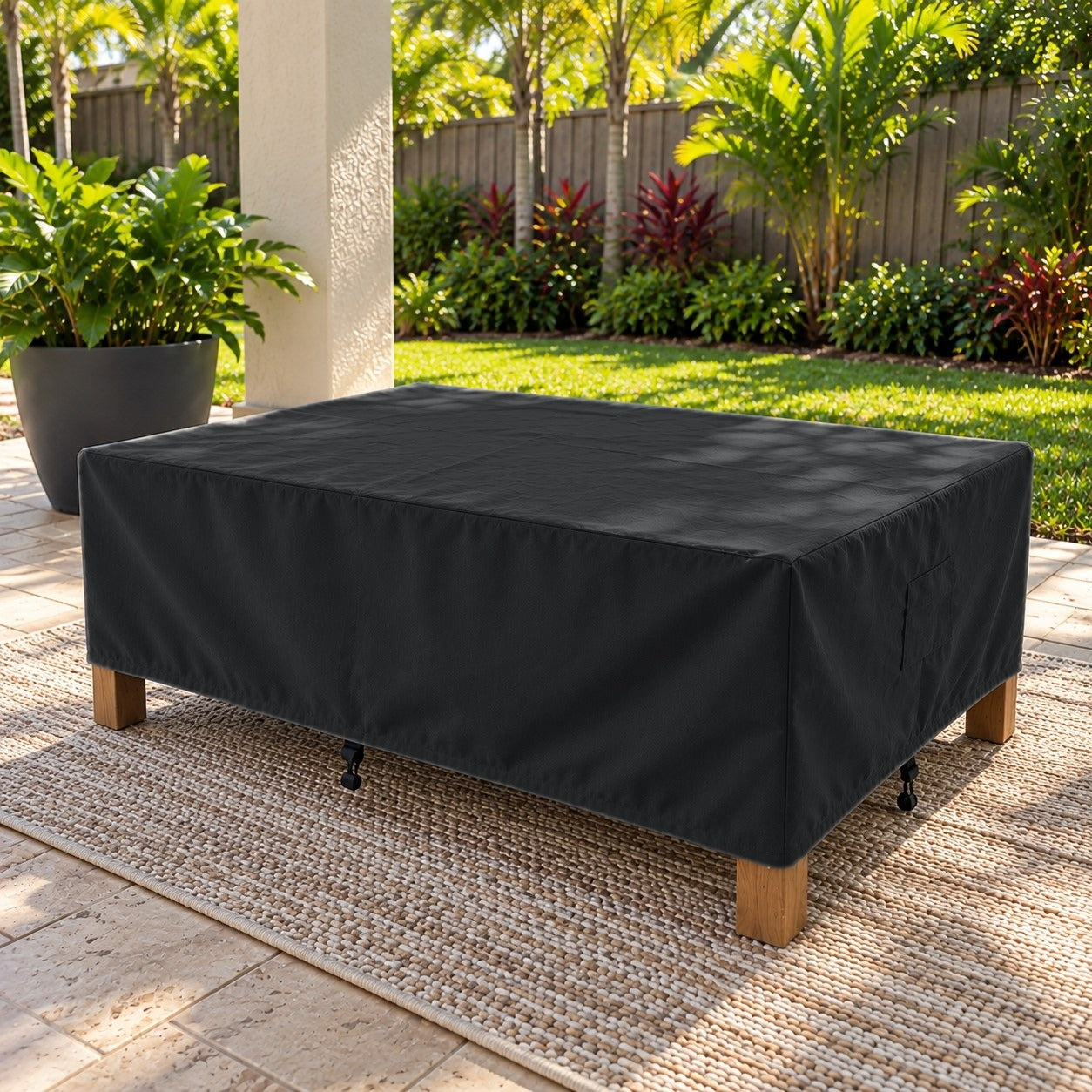 Khomo Gear Rectangle Coffee Table cover in Black - three quarter closeup | Fits 37L x 23D x 16H, 40L x 30D x 17H, 48L x 28D x 13H