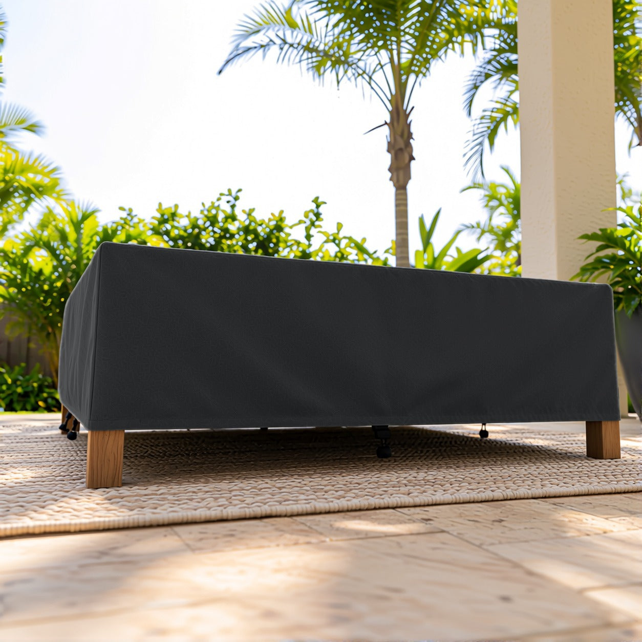Khomo Gear Rectangle Coffee Table cover in Black - side low angle | Fits 37L x 23D x 16H, 40L x 30D x 17H, 48L x 28D x 13H