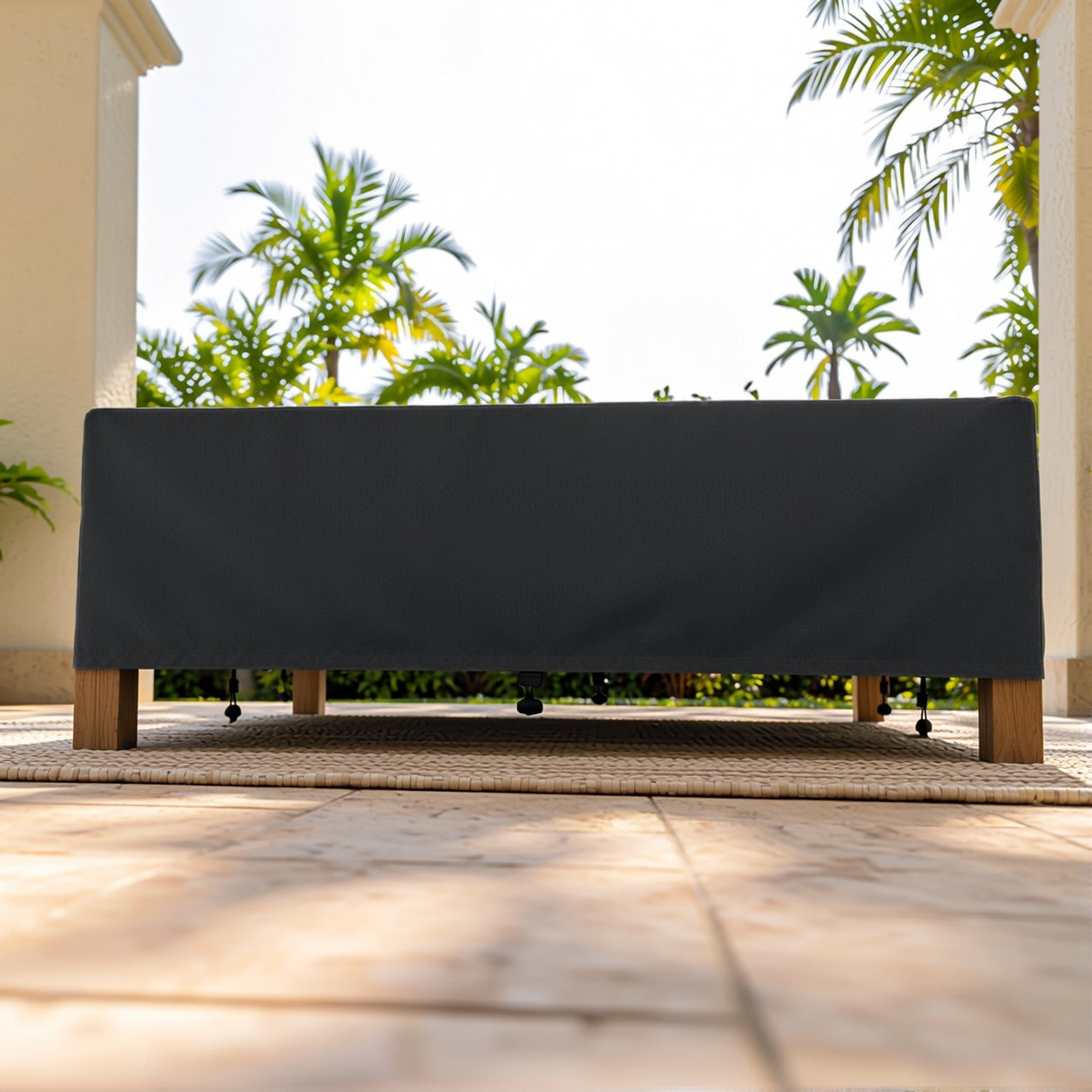 Khomo Gear Rectangle Coffee Table cover in Black - front low angle | Fits 37L x 23D x 16H, 40L x 30D x 17H, 48L x 28D x 13H