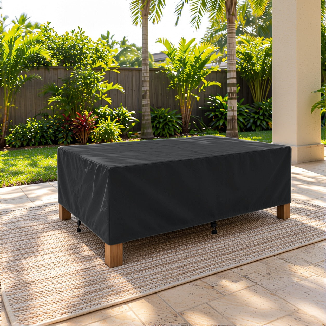 Khomo Gear Rectangle Coffee Table cover in Black - three quarter patio | Fits 37L x 23D x 16H, 40L x 30D x 17H, 48L x 28D x 13H