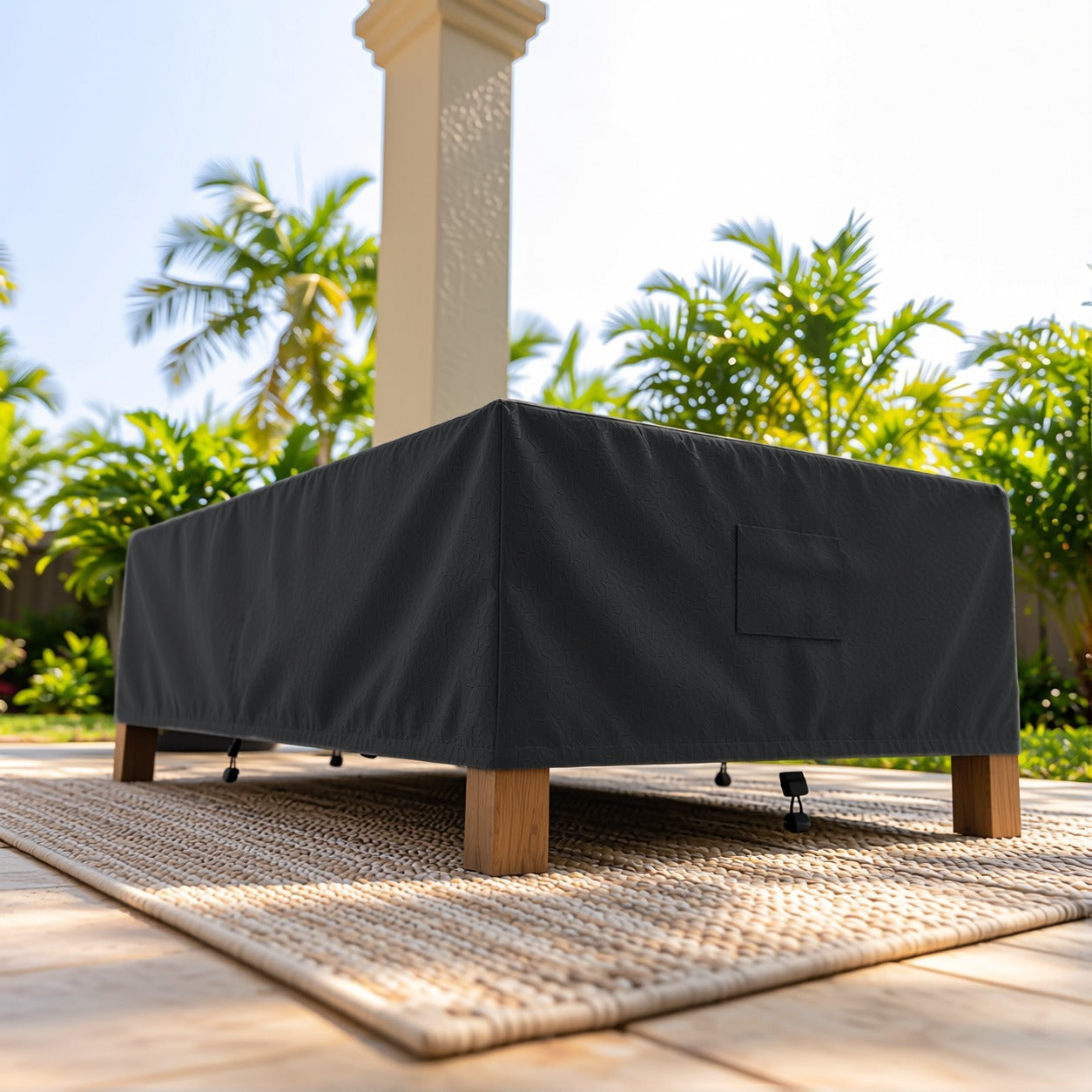 Khomo Gear Rectangle Coffee Table cover in Black - corner low angle | Fits 37L x 23D x 16H, 40L x 30D x 17H, 48L x 28D x 13H
