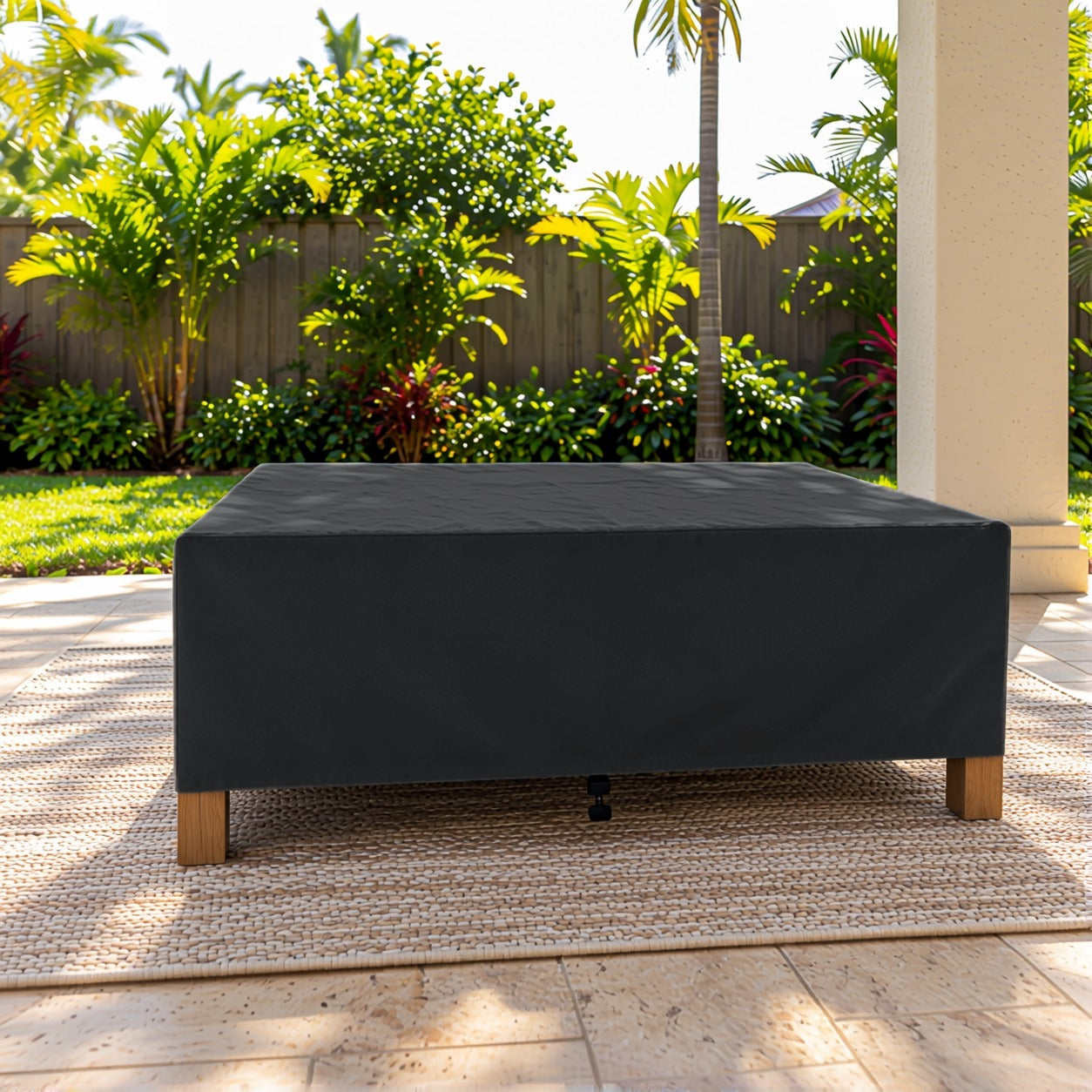 Khomo Gear Rectangle Coffee Table cover in Black - front patio | Fits 37L x 23D x 16H, 40L x 30D x 17H, 48L x 28D x 13H